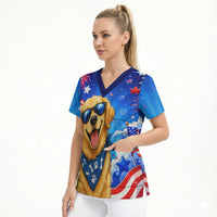 My Dog Is A Democrat Golden Retriever Scrub Top Patriotic American Fireworks Cute Cartoon Dog