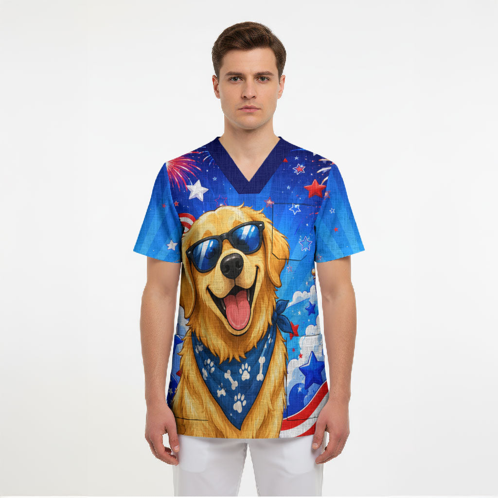 My Dog Is A Democrat Golden Retriever Scrub Top Patriotic American Fireworks Cute Cartoon Dog