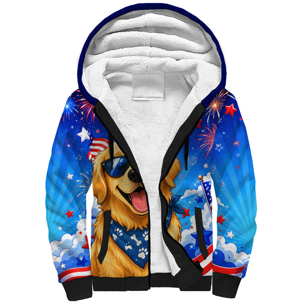 My Dog Is A Democrat Golden Retriever Sherpa Hoodie Patriotic American Fireworks Cute Cartoon Dog