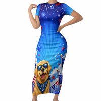 My Dog Is A Democrat Golden Retriever Short Sleeve Bodycon Dress Patriotic American Fireworks Cute Cartoon Dog