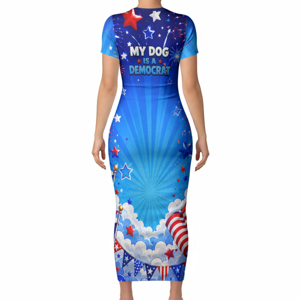 My Dog Is A Democrat Golden Retriever Short Sleeve Bodycon Dress Patriotic American Fireworks Cute Cartoon Dog