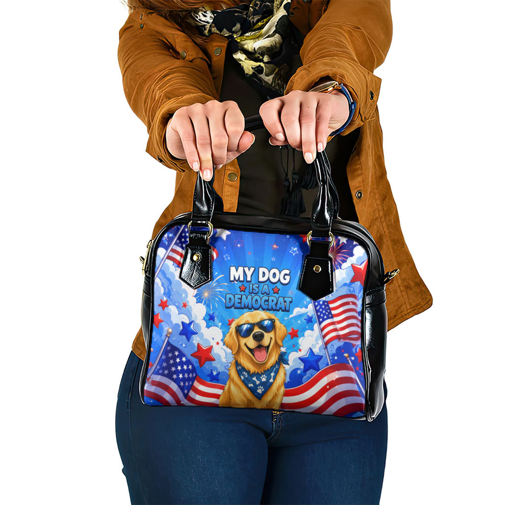 My Dog Is A Democrat Golden Retriever Shoulder Handbag Patriotic American Fireworks Cute Cartoon Dog