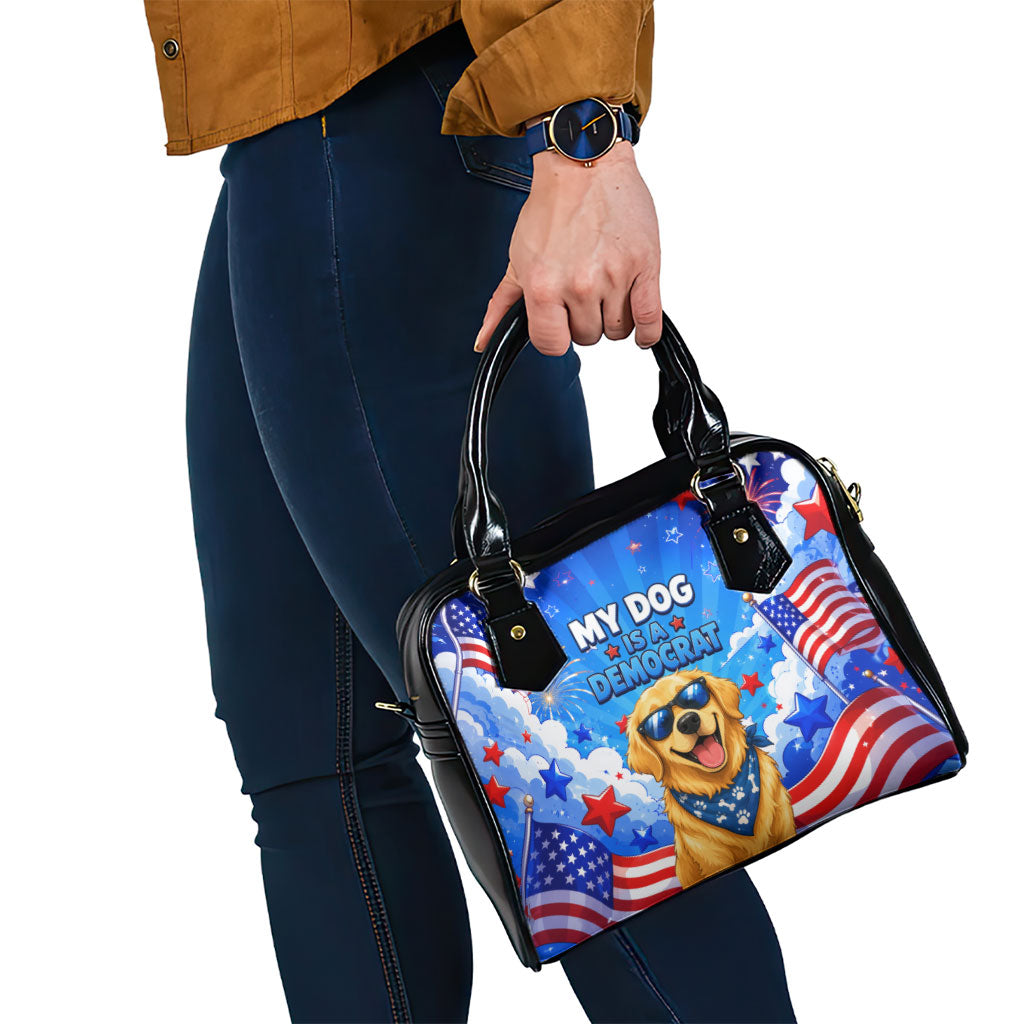 My Dog Is A Democrat Golden Retriever Shoulder Handbag Patriotic American Fireworks Cute Cartoon Dog