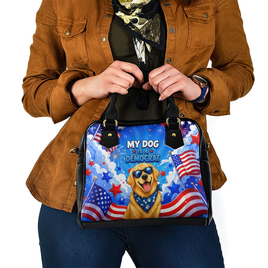 My Dog Is A Democrat Golden Retriever Shoulder Handbag Patriotic American Fireworks Cute Cartoon Dog
