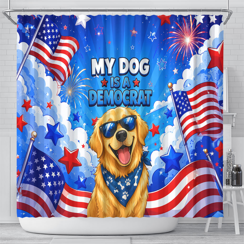 My Dog Is A Democrat Golden Retriever Shower Curtain Patriotic American Fireworks Cute Cartoon Dog