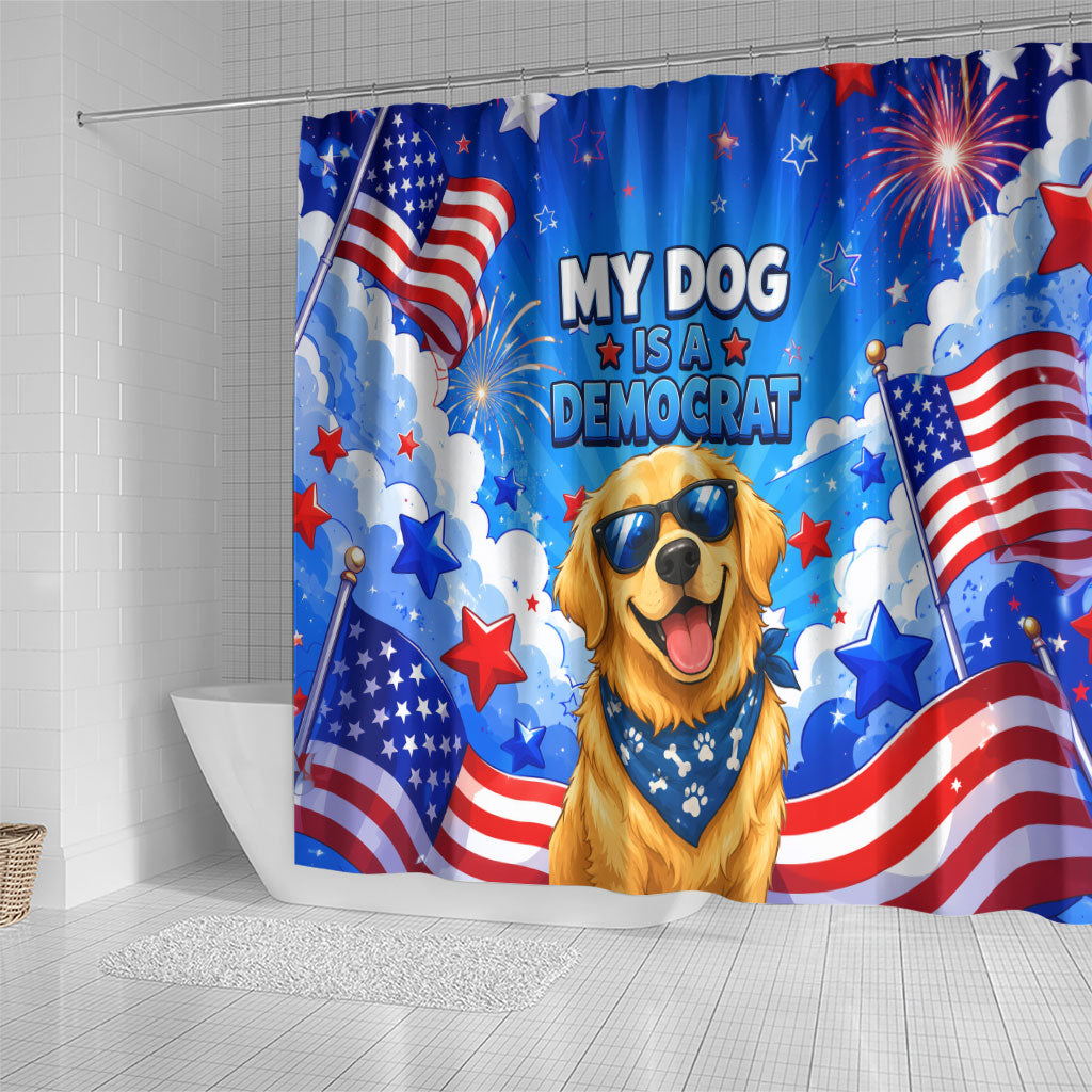 My Dog Is A Democrat Golden Retriever Shower Curtain Patriotic American Fireworks Cute Cartoon Dog