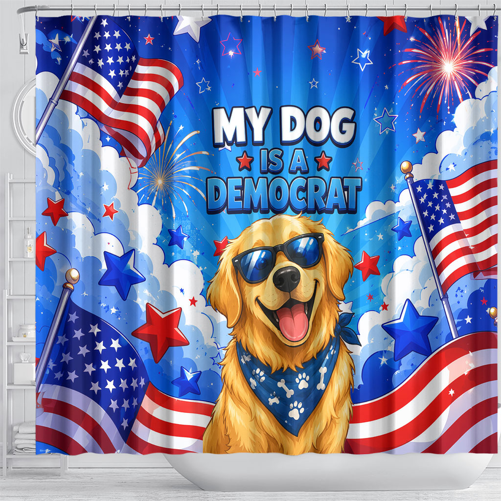 My Dog Is A Democrat Golden Retriever Shower Curtain Patriotic American Fireworks Cute Cartoon Dog