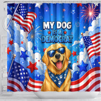 My Dog Is A Democrat Golden Retriever Shower Curtain Patriotic American Fireworks Cute Cartoon Dog