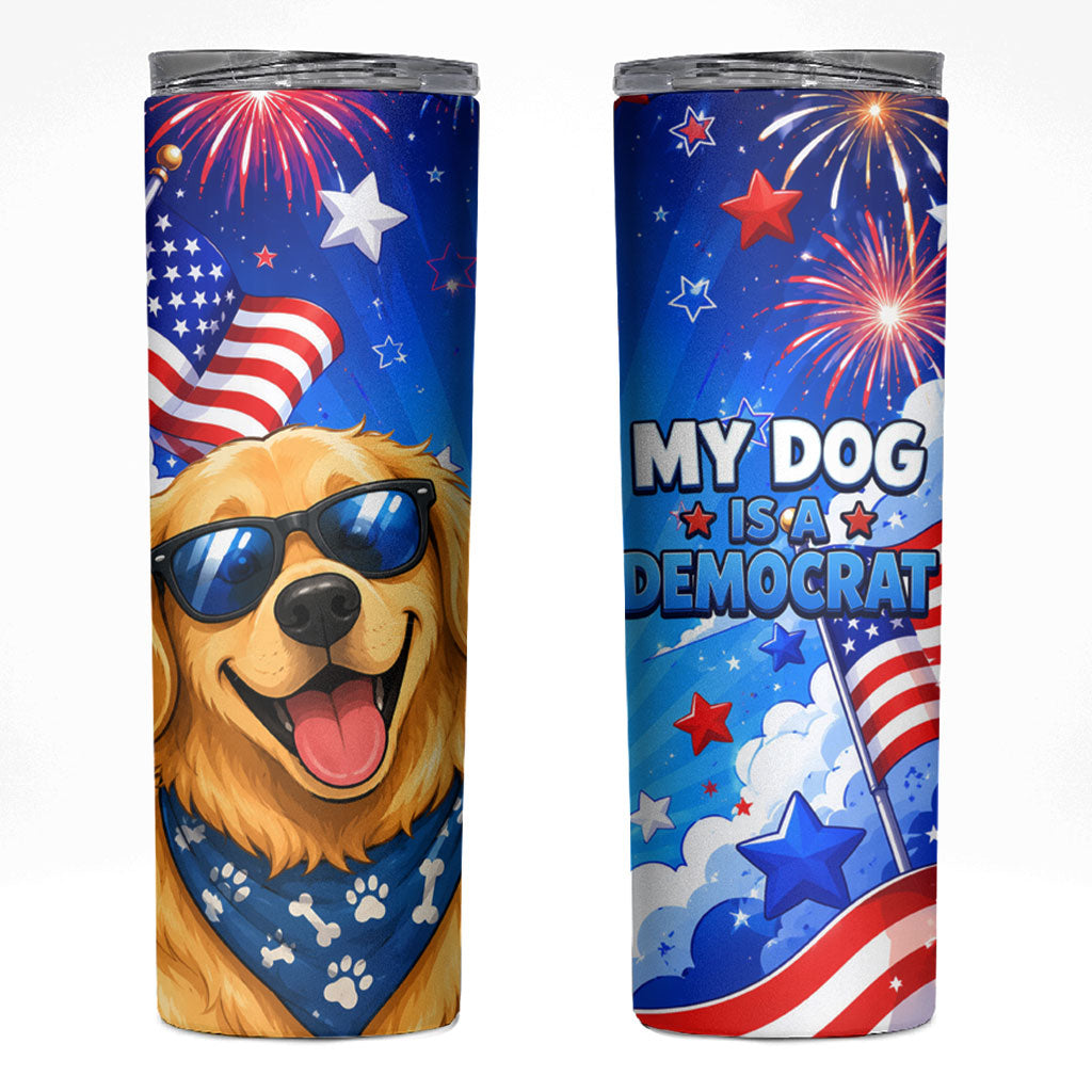 My Dog Is A Democrat Golden Retriever Skinny Tumbler Patriotic American Fireworks Cute Cartoon Dog