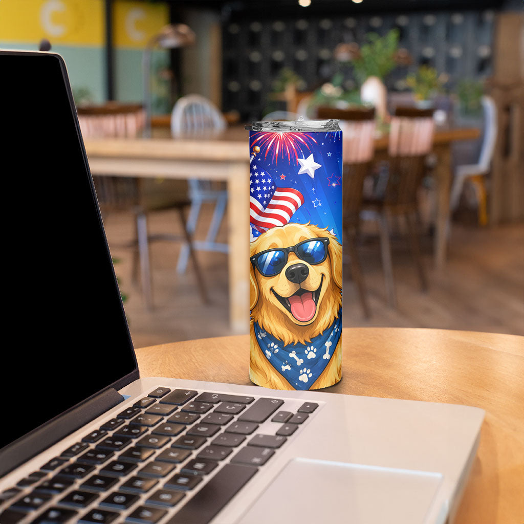 My Dog Is A Democrat Golden Retriever Skinny Tumbler Patriotic American Fireworks Cute Cartoon Dog