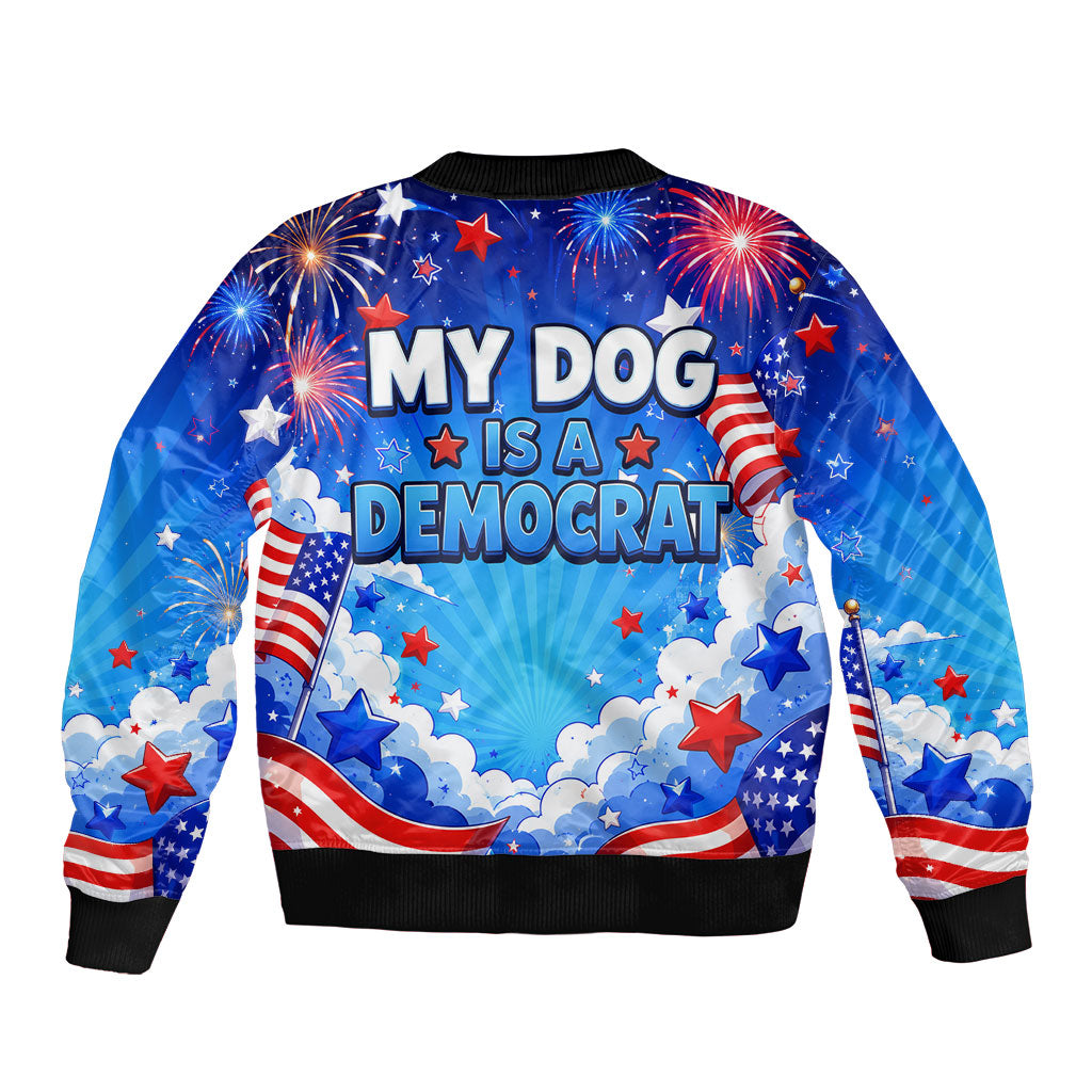 My Dog Is A Democrat Golden Retriever Sleeve Zip Bomber Jacket Patriotic American Fireworks Cute Cartoon Dog