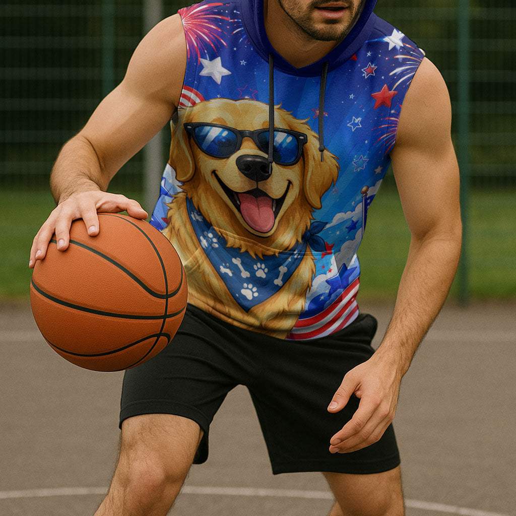 My Dog Is A Democrat Golden Retriever Sleeveless Hoodie Patriotic American Fireworks Cute Cartoon Dog