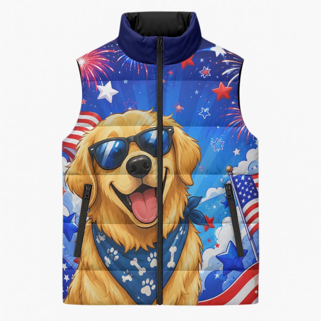 My Dog Is A Democrat Golden Retriever Sleeveless Puffer Jacket Patriotic American Fireworks Cute Cartoon Dog