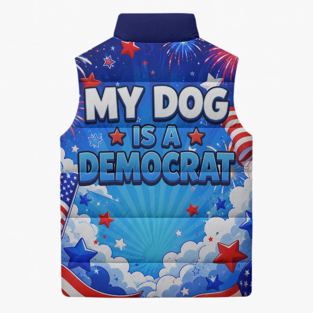 My Dog Is A Democrat Golden Retriever Sleeveless Puffer Jacket Patriotic American Fireworks Cute Cartoon Dog