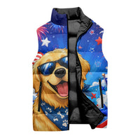 My Dog Is A Democrat Golden Retriever Sleeveless Puffer Jacket Patriotic American Fireworks Cute Cartoon Dog