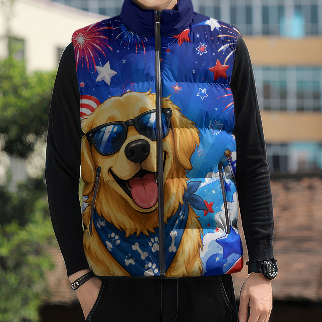 My Dog Is A Democrat Golden Retriever Sleeveless Puffer Jacket Patriotic American Fireworks Cute Cartoon Dog