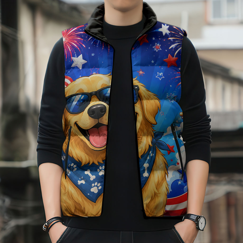 My Dog Is A Democrat Golden Retriever Sleeveless Puffer Jacket Patriotic American Fireworks Cute Cartoon Dog