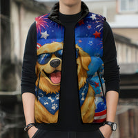 My Dog Is A Democrat Golden Retriever Sleeveless Puffer Jacket Patriotic American Fireworks Cute Cartoon Dog