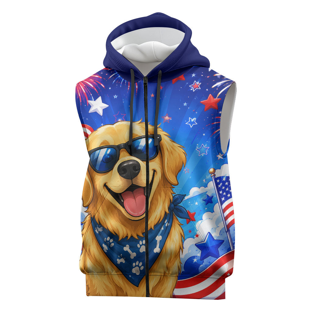 My Dog Is A Democrat Golden Retriever Sleeveless Zip Hoodie Patriotic American Fireworks Cute Cartoon Dog