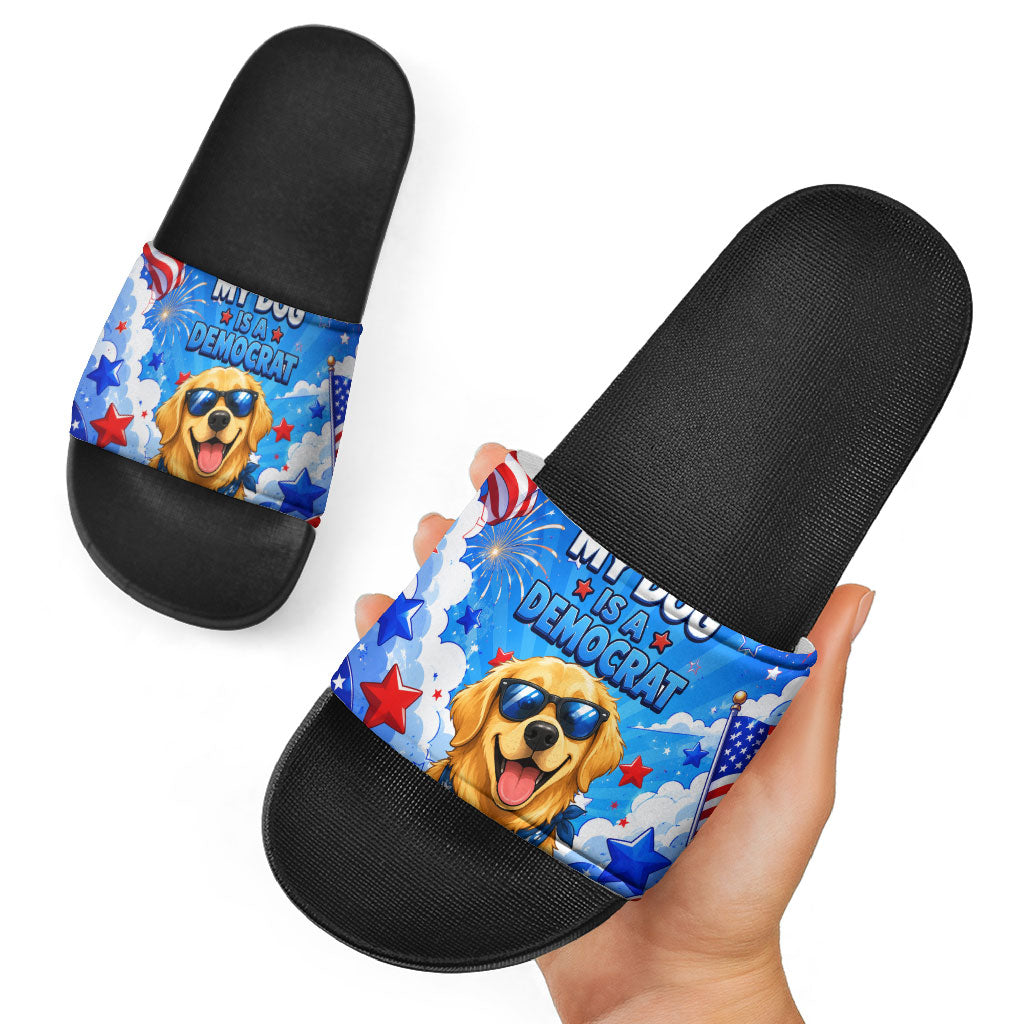My Dog Is A Democrat Golden Retriever Slide Sandals Patriotic American Fireworks Cute Cartoon Dog