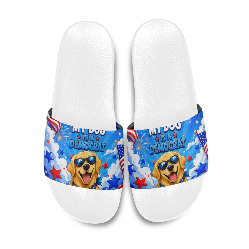 My Dog Is A Democrat Golden Retriever Slide Sandals Patriotic American Fireworks Cute Cartoon Dog