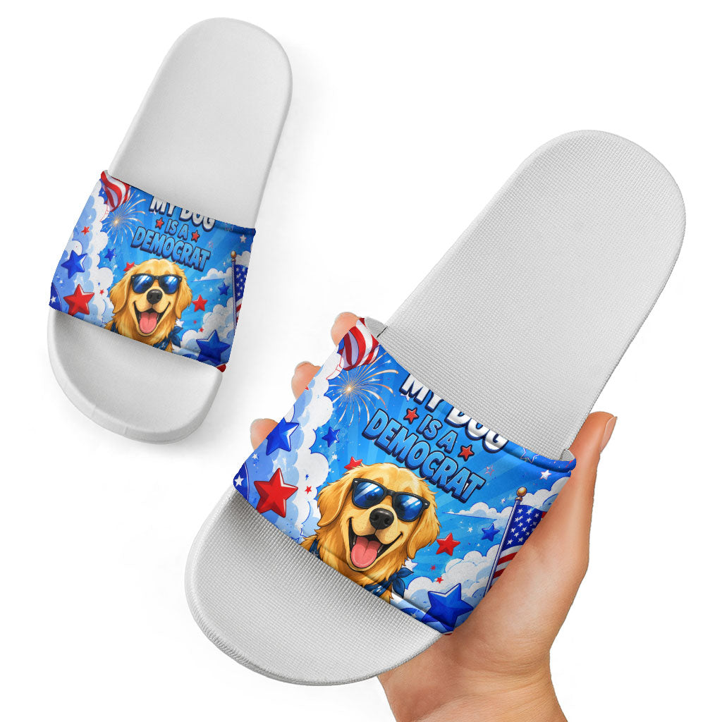 My Dog Is A Democrat Golden Retriever Slide Sandals Patriotic American Fireworks Cute Cartoon Dog