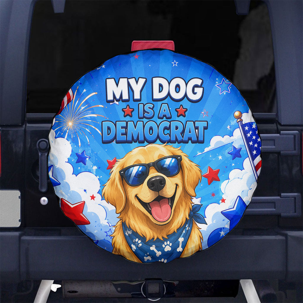 My Dog Is A Democrat Golden Retriever Spare Tire Cover Patriotic American Fireworks Cute Cartoon Dog