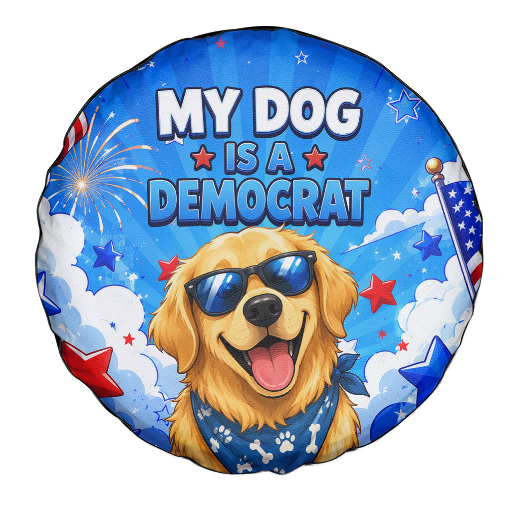 My Dog Is A Democrat Golden Retriever Spare Tire Cover Patriotic American Fireworks Cute Cartoon Dog