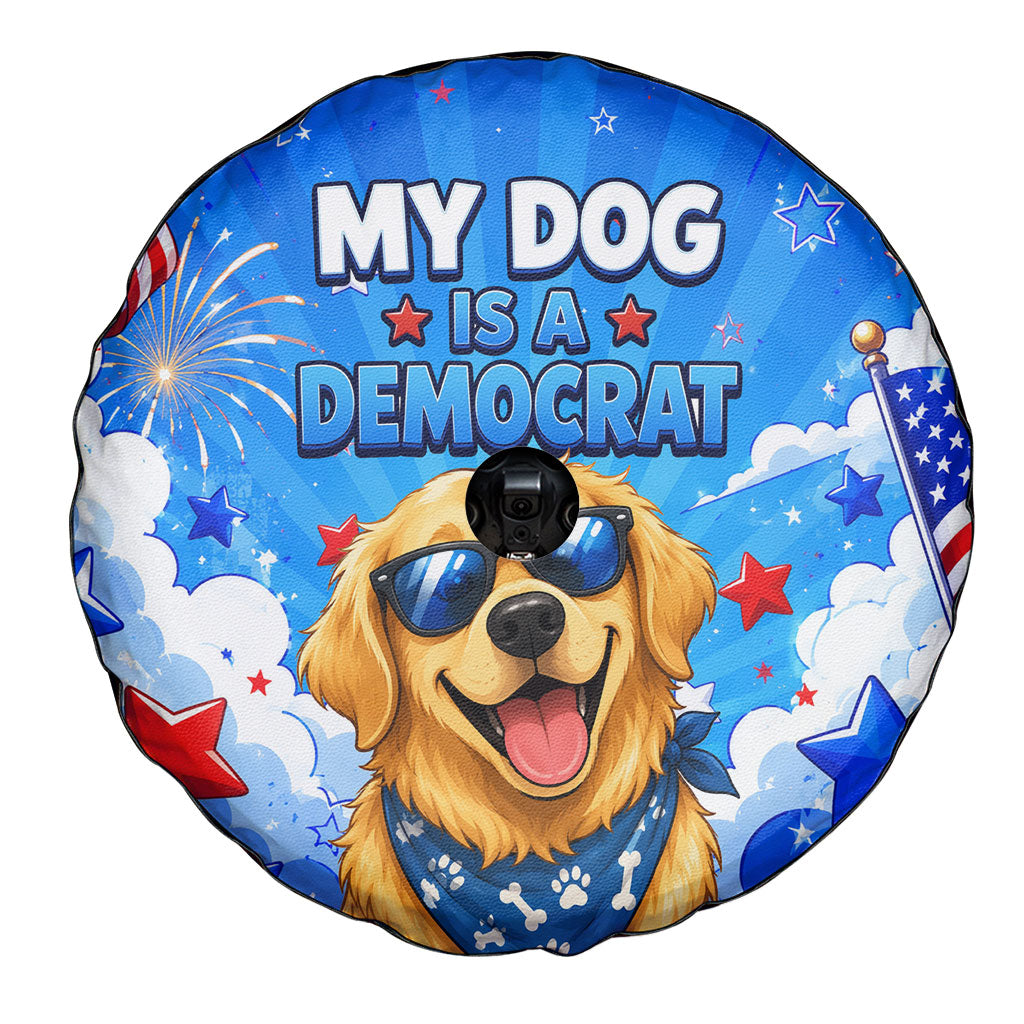 My Dog Is A Democrat Golden Retriever Spare Tire Cover Patriotic American Fireworks Cute Cartoon Dog