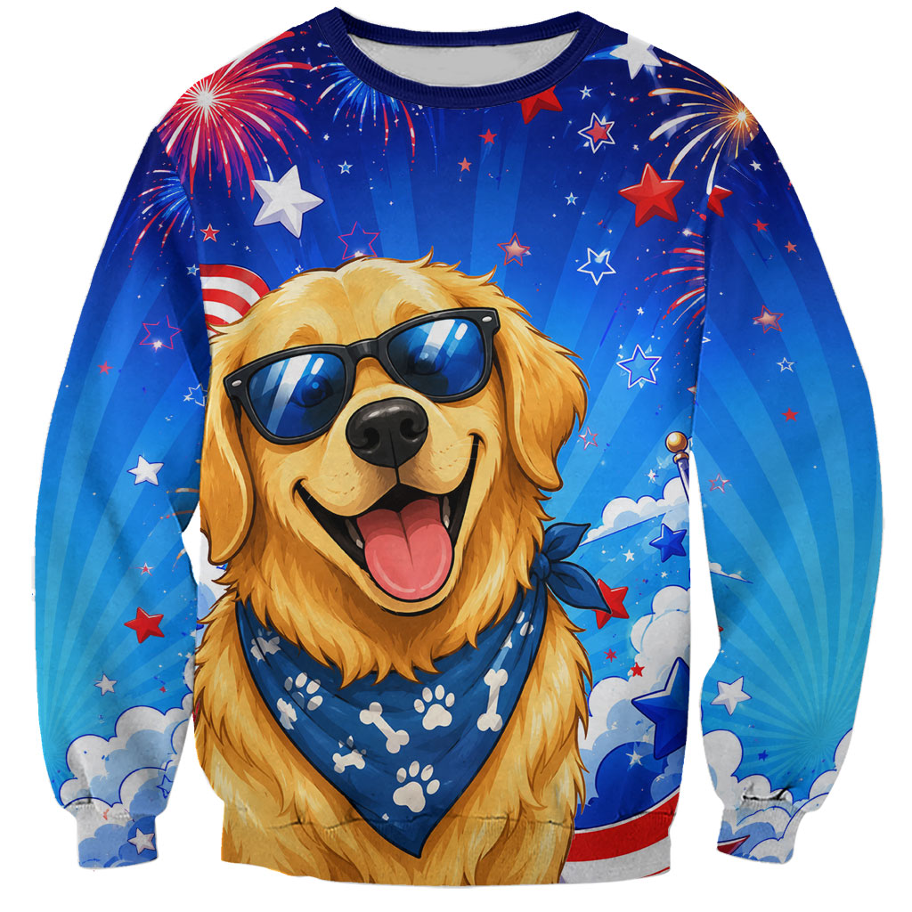 My Dog Is A Democrat Golden Retriever Sweatshirt Patriotic American Fireworks Cute Cartoon Dog
