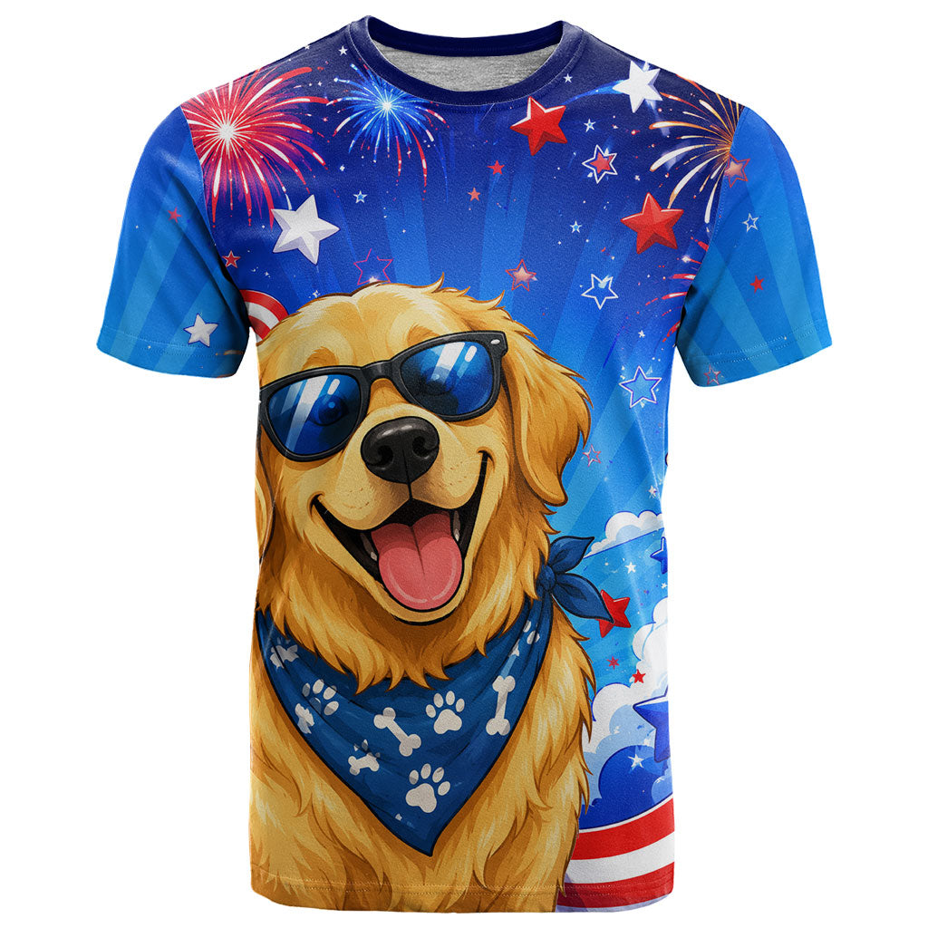 My Dog Is A Democrat Golden Retriever T Shirt Patriotic American Fireworks Cute Cartoon Dog