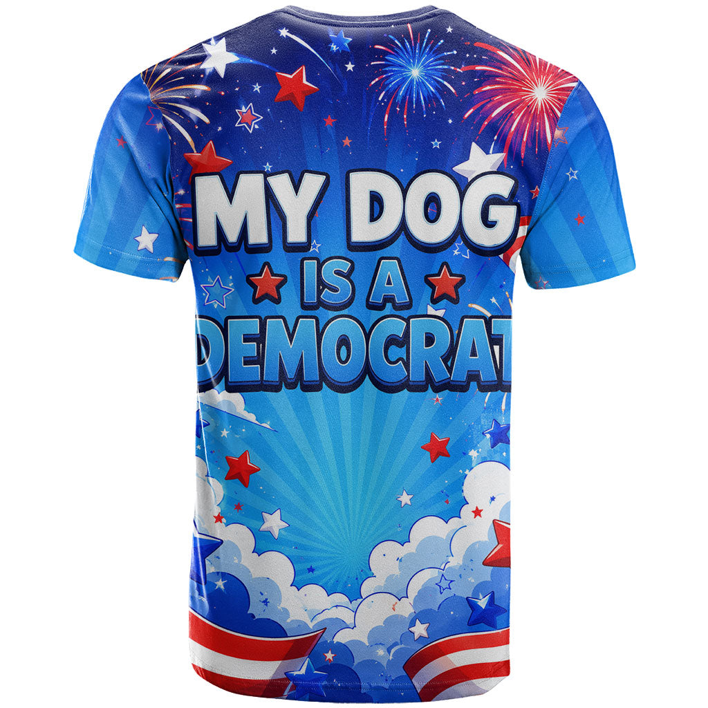 My Dog Is A Democrat Golden Retriever T Shirt Patriotic American Fireworks Cute Cartoon Dog