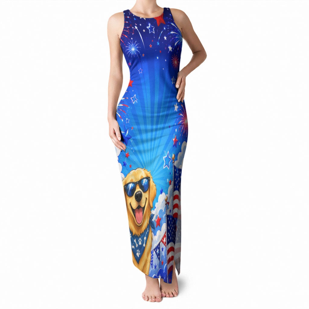 My Dog Is A Democrat Golden Retriever Tank Maxi Dress Patriotic American Fireworks Cute Cartoon Dog