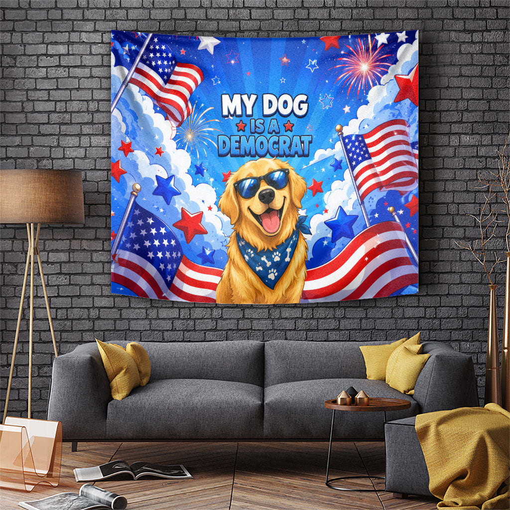 My Dog Is A Democrat Golden Retriever Tapestry Patriotic American Fireworks Cute Cartoon Dog