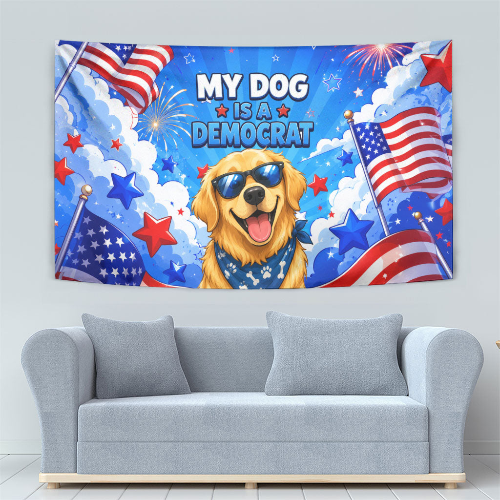 My Dog Is A Democrat Golden Retriever Tapestry Patriotic American Fireworks Cute Cartoon Dog