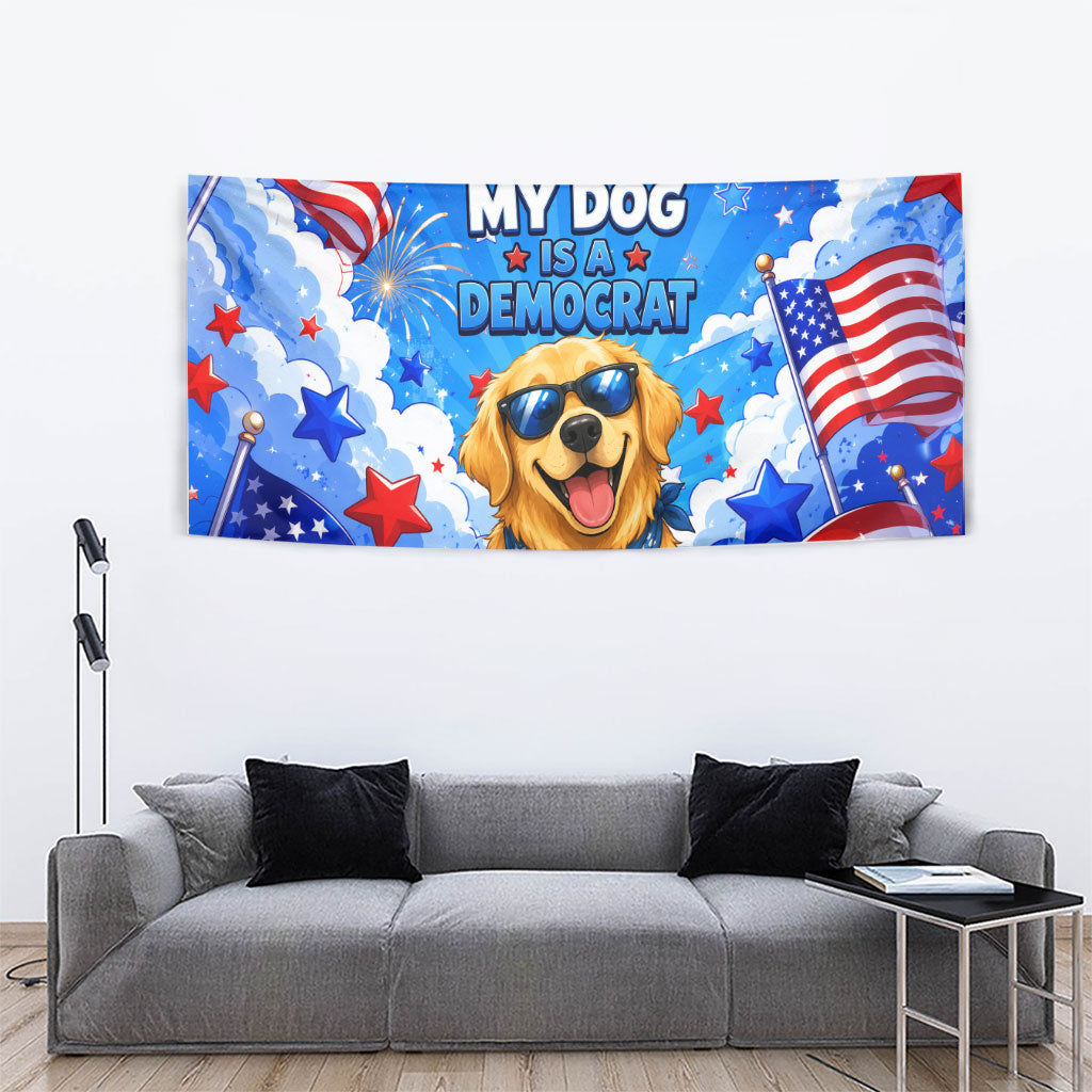 My Dog Is A Democrat Golden Retriever Tapestry Patriotic American Fireworks Cute Cartoon Dog
