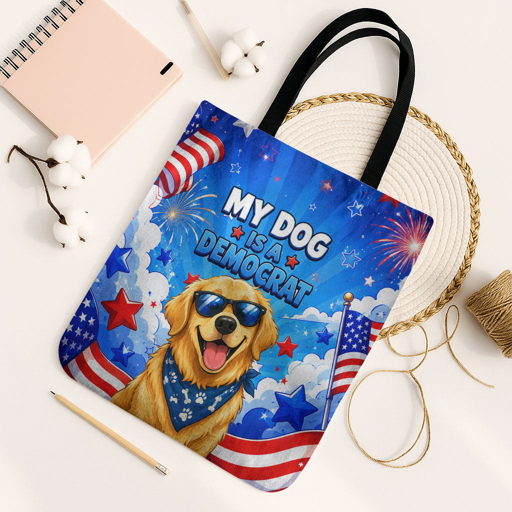 My Dog Is A Democrat Golden Retriever Tote Bag Patriotic American Fireworks Cute Cartoon Dog