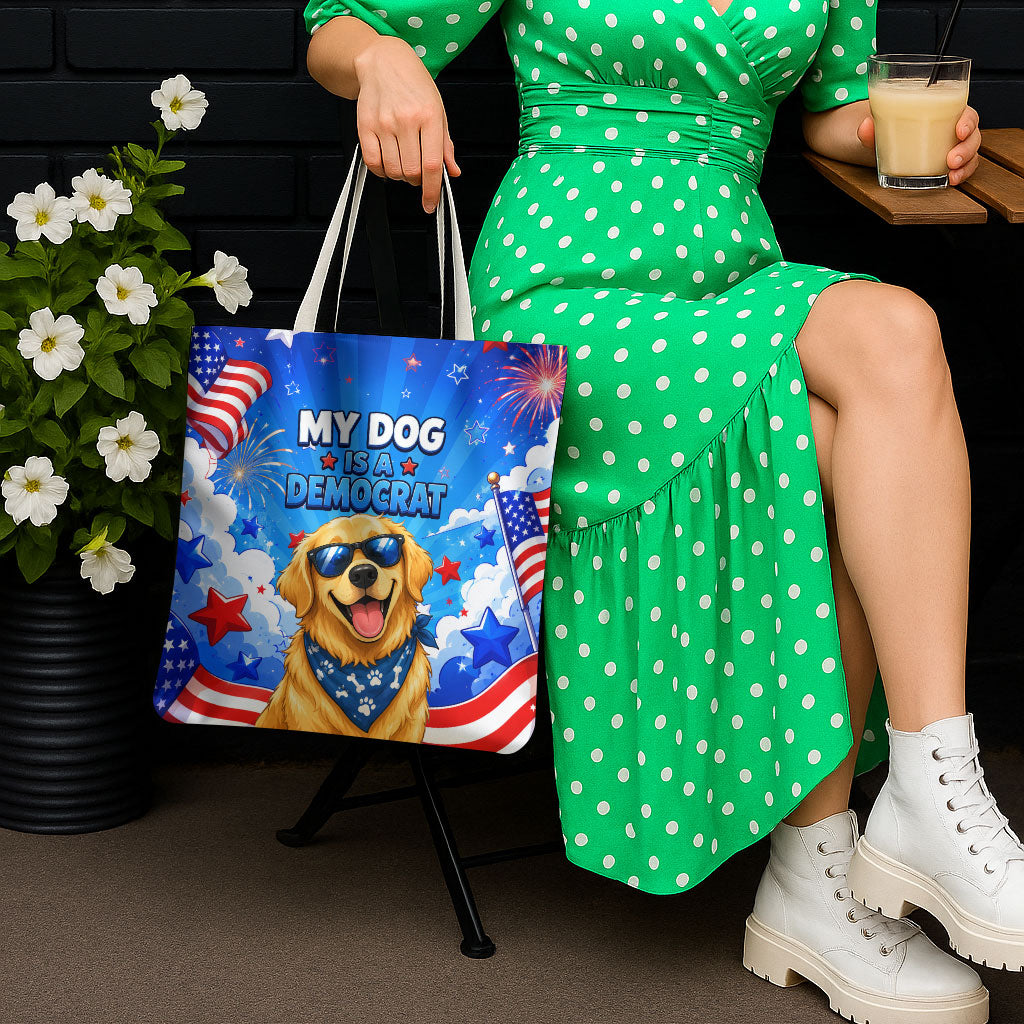 My Dog Is A Democrat Golden Retriever Tote Bag Patriotic American Fireworks Cute Cartoon Dog