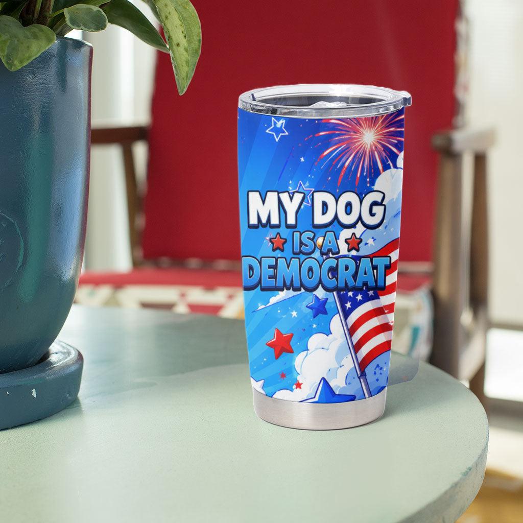 My Dog Is A Democrat Golden Retriever Tumbler Cup Patriotic American Fireworks Cute Cartoon Dog