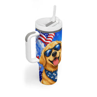 My Dog Is A Democrat Golden Retriever Tumbler With Handle Patriotic American Fireworks Cute Cartoon Dog