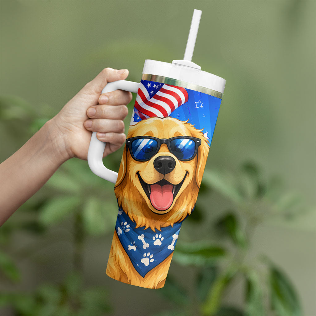 My Dog Is A Democrat Golden Retriever Tumbler With Handle Patriotic American Fireworks Cute Cartoon Dog