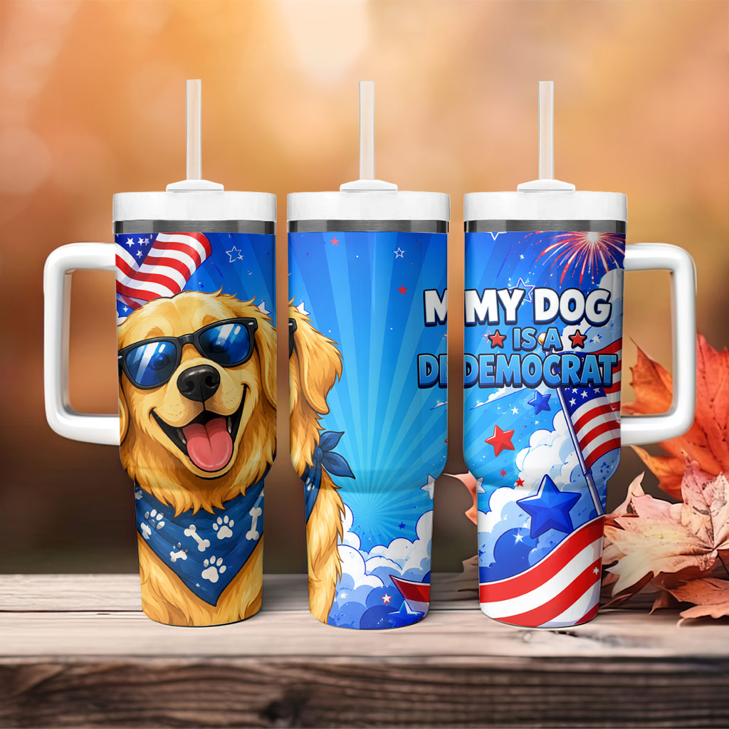My Dog Is A Democrat Golden Retriever Tumbler With Handle Patriotic American Fireworks Cute Cartoon Dog