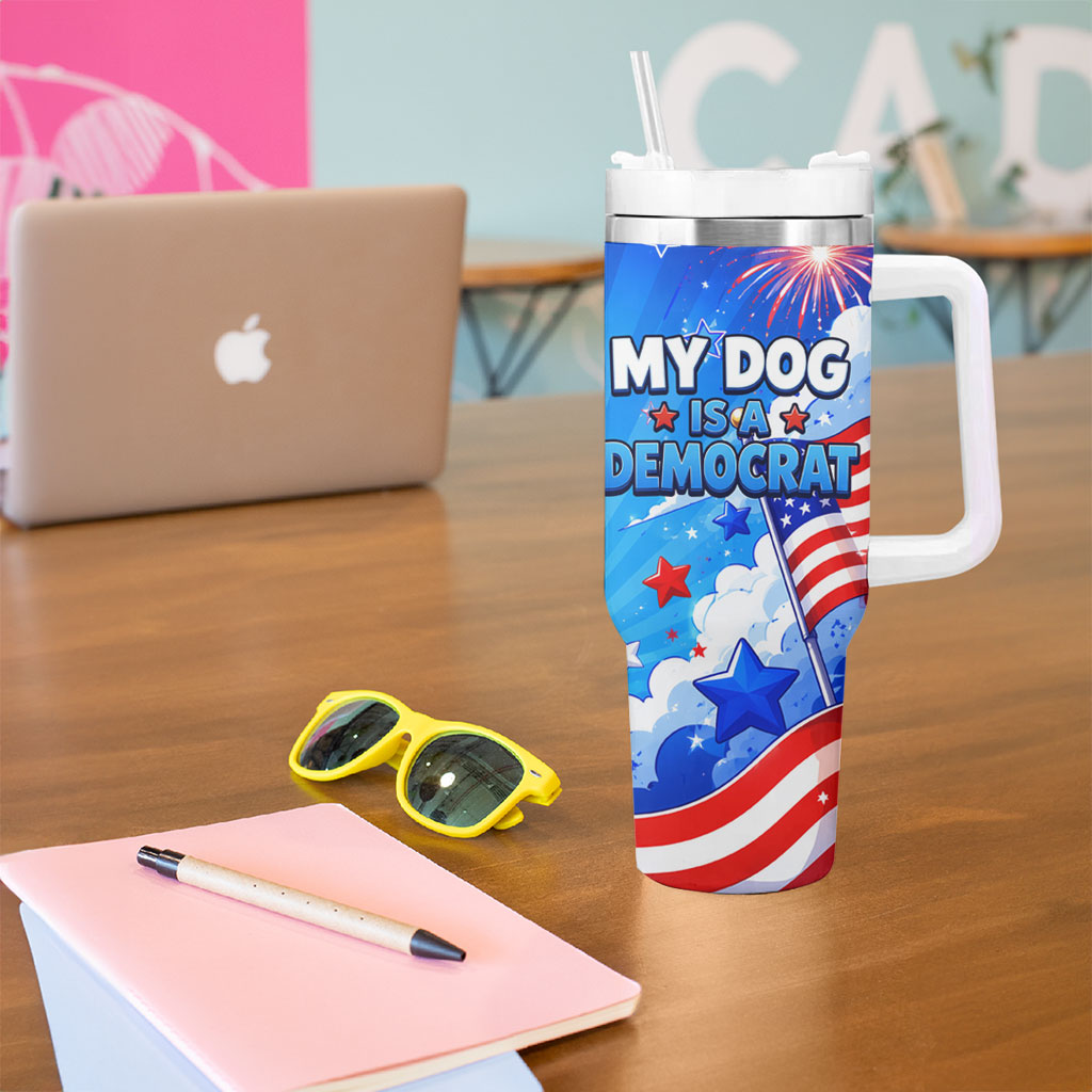 My Dog Is A Democrat Golden Retriever Tumbler With Handle Patriotic American Fireworks Cute Cartoon Dog