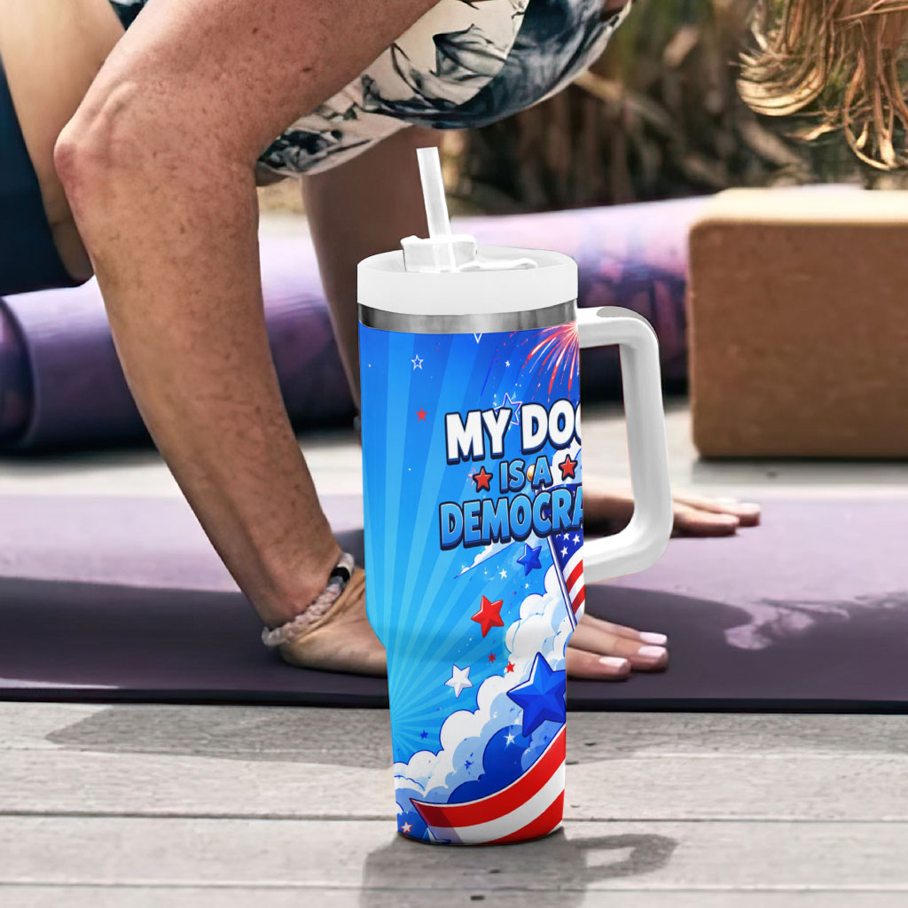 My Dog Is A Democrat Golden Retriever Tumbler With Handle Patriotic American Fireworks Cute Cartoon Dog