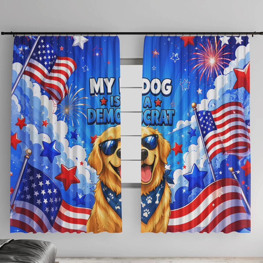 My Dog Is A Democrat Golden Retriever Window Curtain Patriotic American Fireworks Cute Cartoon Dog