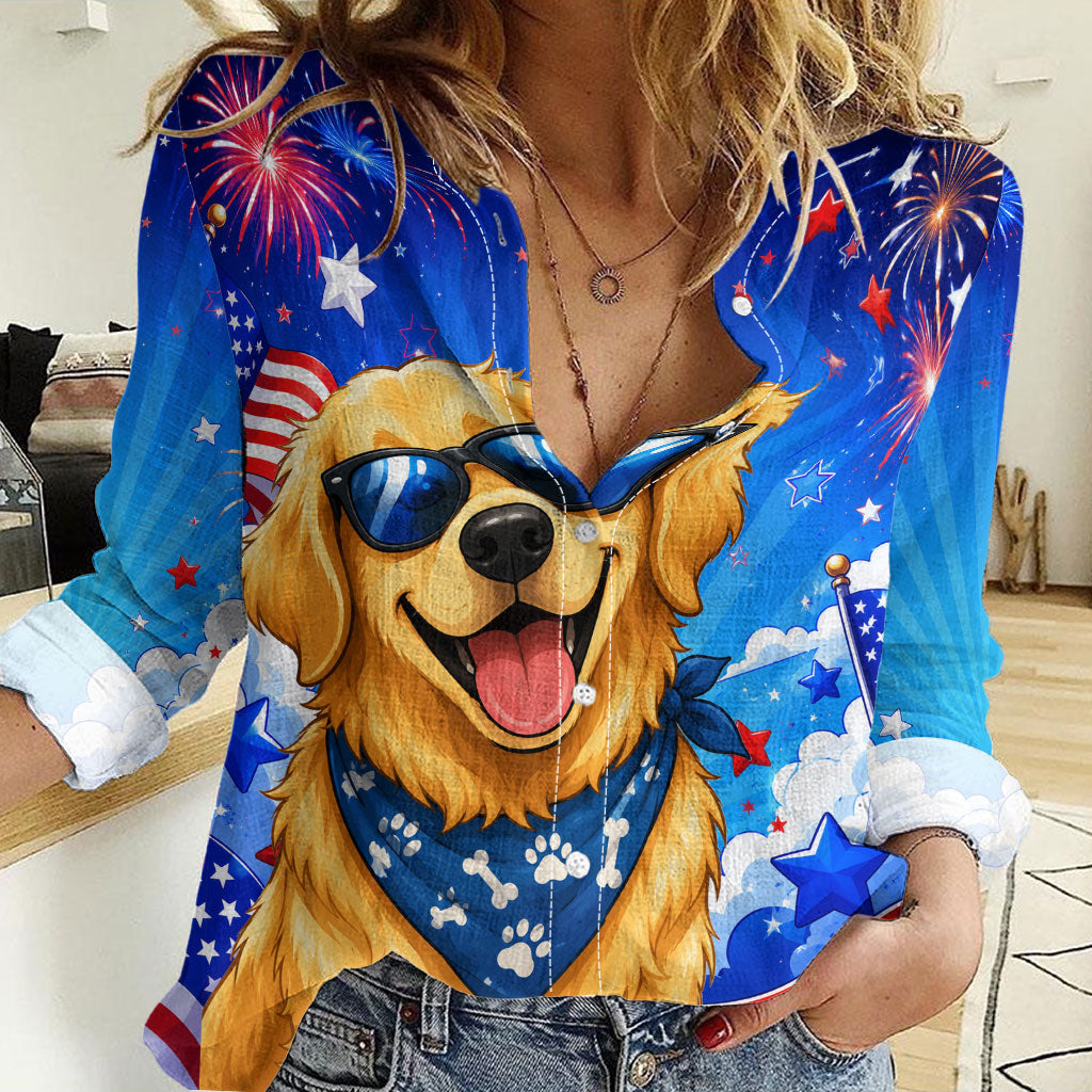 My Dog Is A Democrat Golden Retriever Women Casual Shirt Patriotic American Fireworks Cute Cartoon Dog