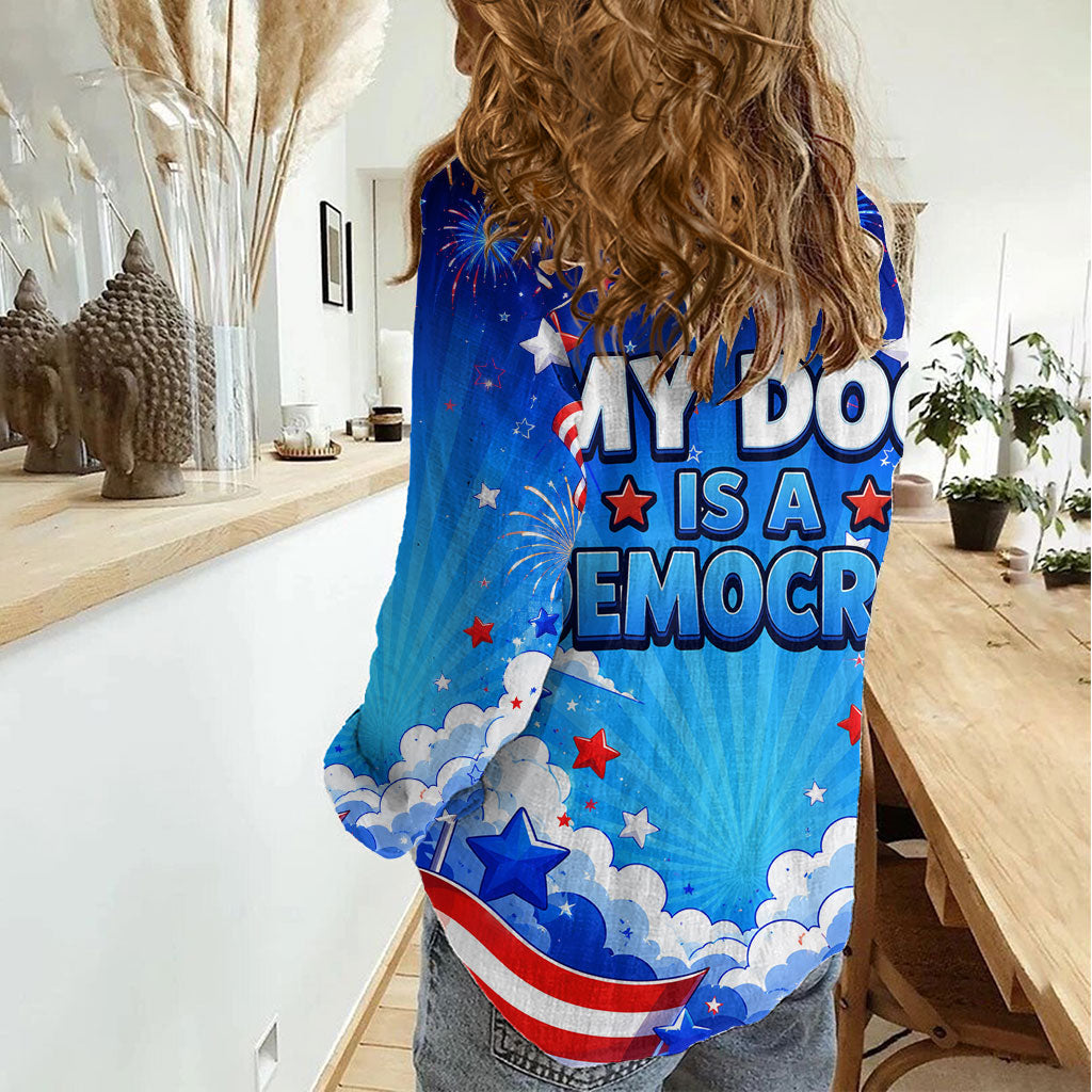 My Dog Is A Democrat Golden Retriever Women Casual Shirt Patriotic American Fireworks Cute Cartoon Dog