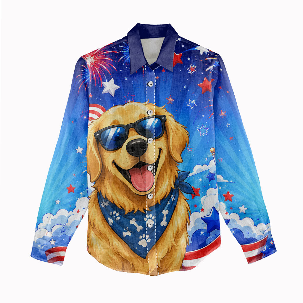 My Dog Is A Democrat Golden Retriever Women Casual Shirt Patriotic American Fireworks Cute Cartoon Dog