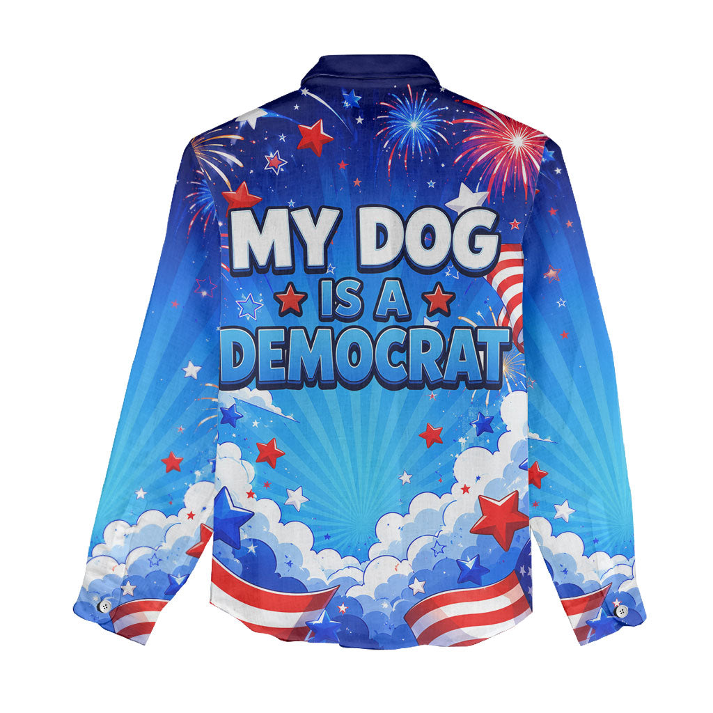 My Dog Is A Democrat Golden Retriever Women Casual Shirt Patriotic American Fireworks Cute Cartoon Dog