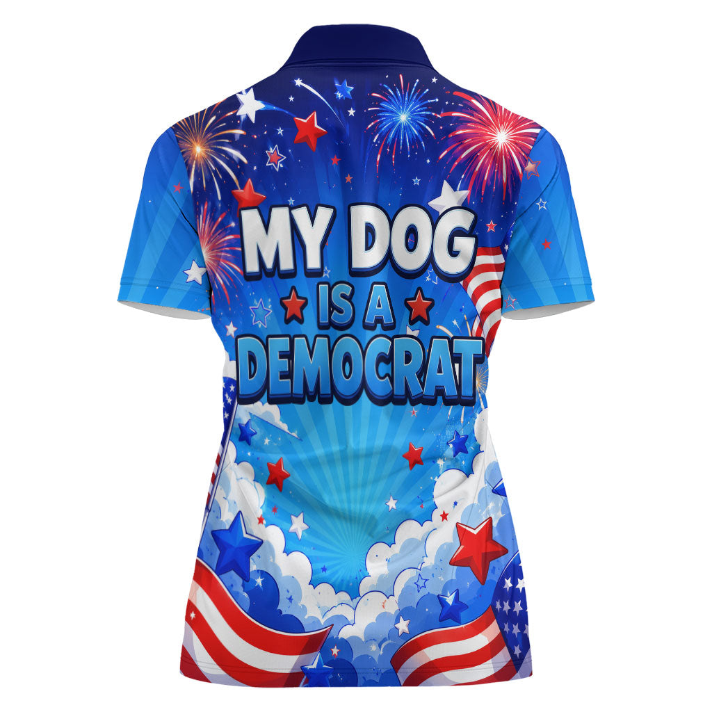 My Dog Is A Democrat Golden Retriever Women Polo Shirt Patriotic American Fireworks Cute Cartoon Dog
